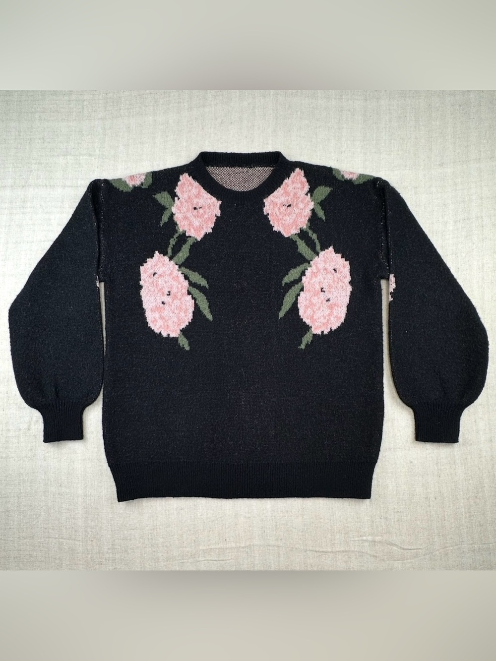 SHEIN Floral Knit Sweater Small Black Pink Puff Sleeve Crewneck Cottagecore